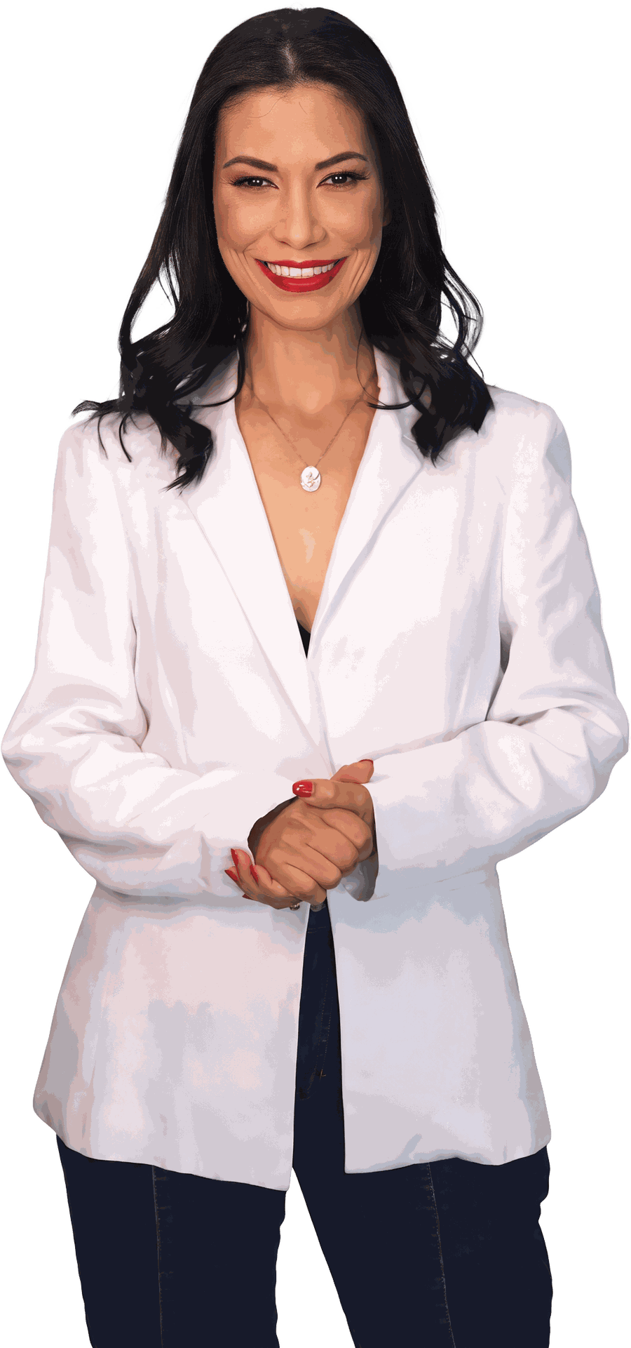 Vereadora Joice Alvarenga sorrindo, de blazer rosa