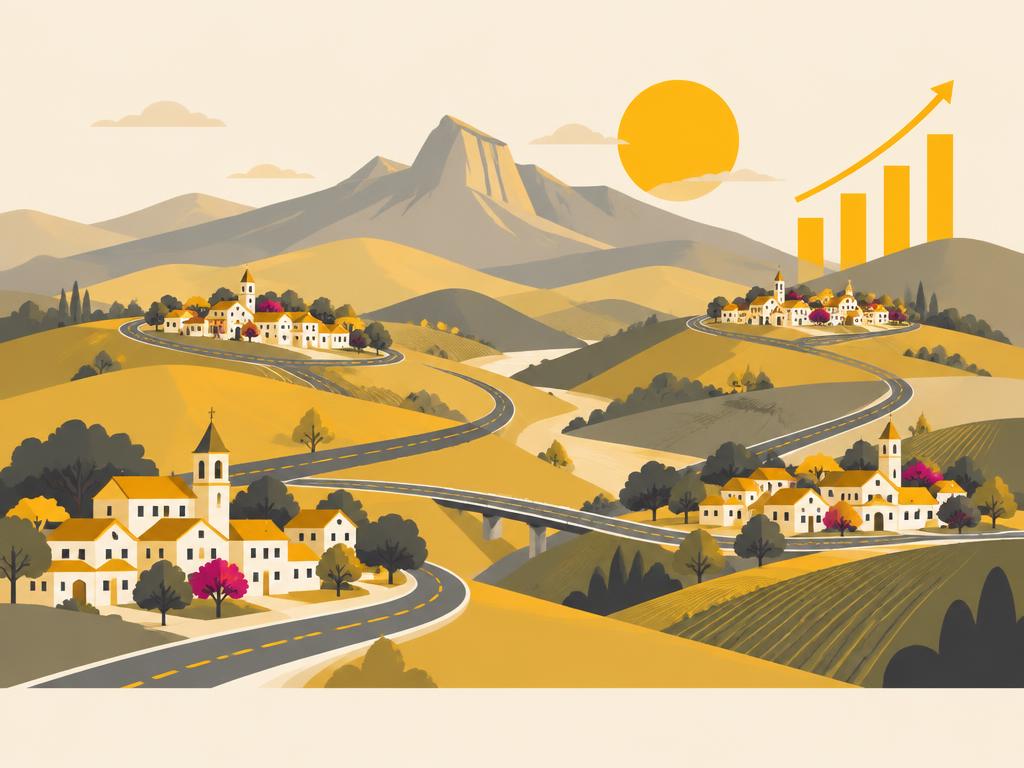 Ilustração de cidades conectadas e gráfico em crescimento, representando o Centro-Oeste crescendo junto