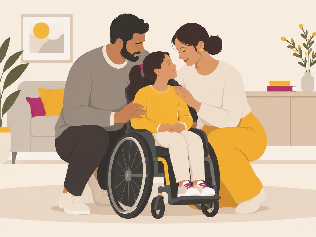 Ilustração de família de mãos dadas com criança cadeirante, representando o respeito às famílias atípicas e às pessoas com deficiência
