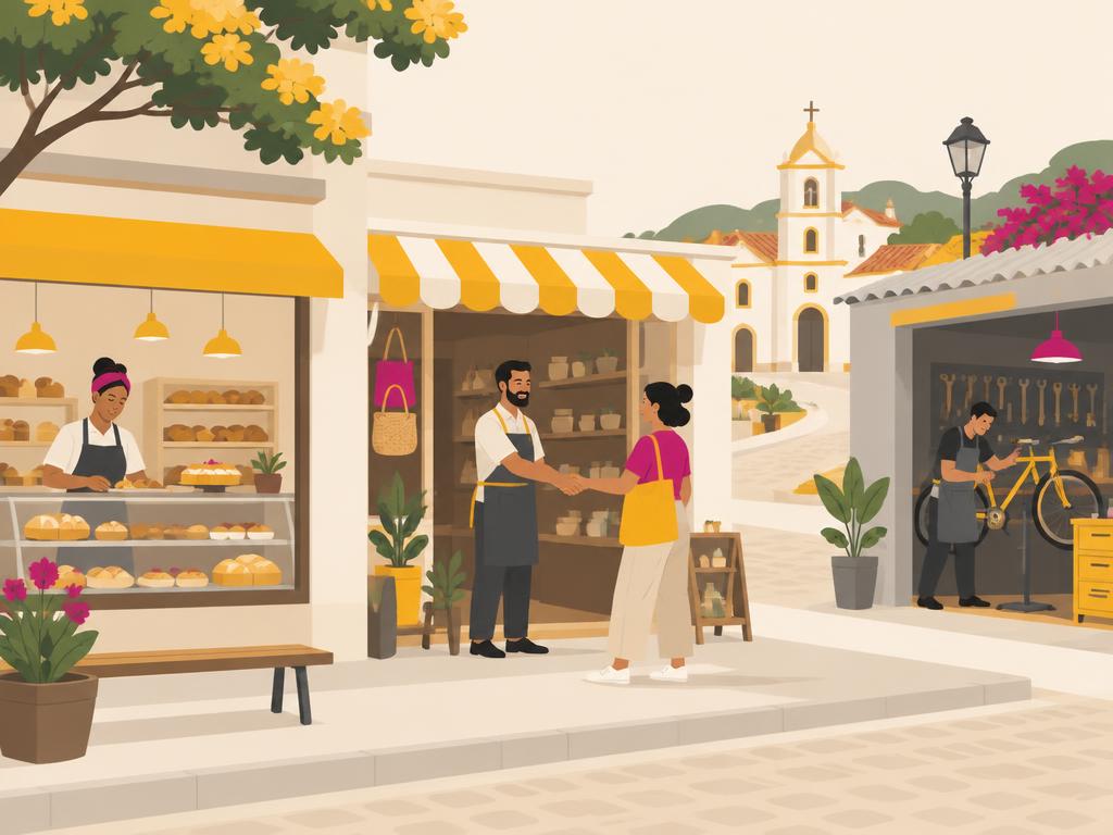 Ilustração de comércio, agricultura e trabalho no interior, simbolizando oportunidades perto de casa