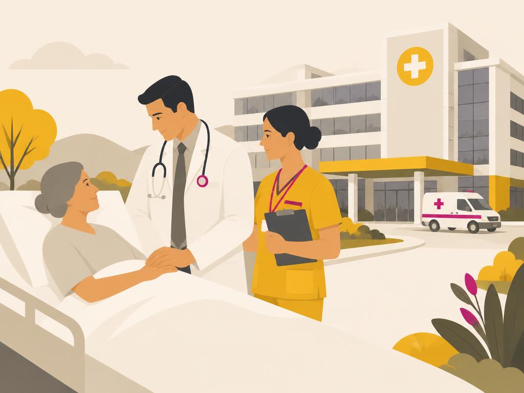 Ilustração de hospital, médicos e famílias, representando o fortalecimento da saúde regional