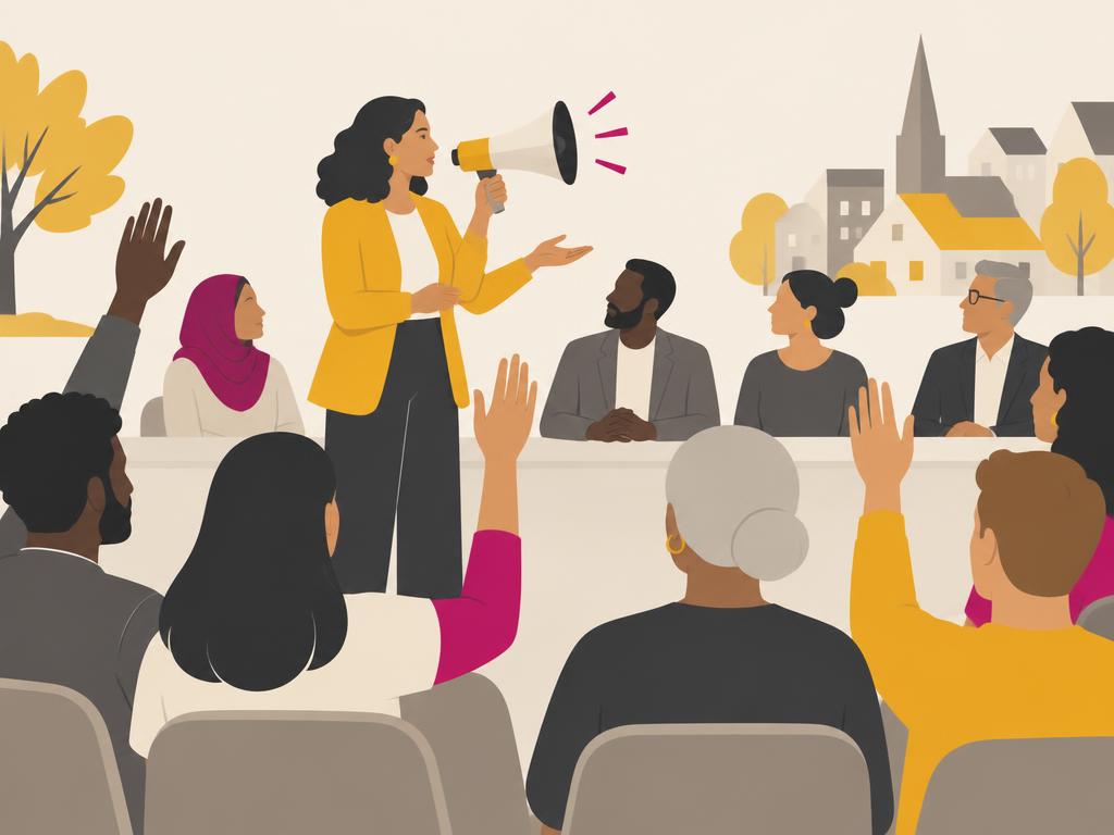 Ilustração de mulher com megafone e pessoas ao redor, representando mais voz para a região